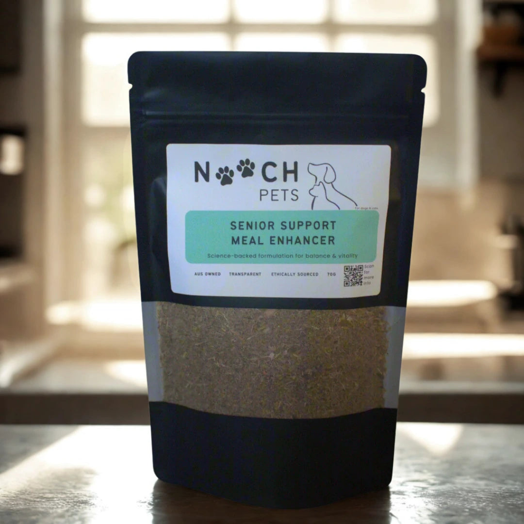 Nooch Pets Senior Support Meal Enhancer showing packaging, used for senior dogs and cats to aid joint, eye and blood circulation health