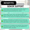 Nooch Pets Senior Support Meal Enhancer showing a list of benefits from ingredients present, used for senior dogs and cats to aid joint, eye and blood circulation health