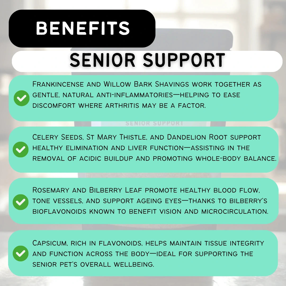 Nooch Pets Senior Support Meal Enhancer showing a list of benefits from ingredients present, used for senior dogs and cats to aid joint, eye and blood circulation health